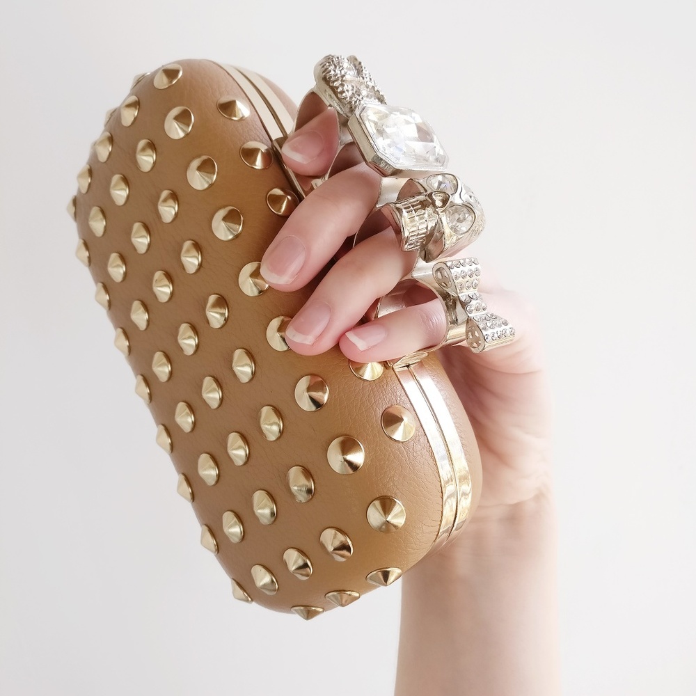 Leather Studded Statement Ring Knuckle Clutch